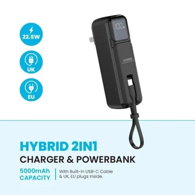 Pawa Hybrid 2-in-1 Charger & Power Bank with Built-in Cable & LED Display 5000mAh - Black